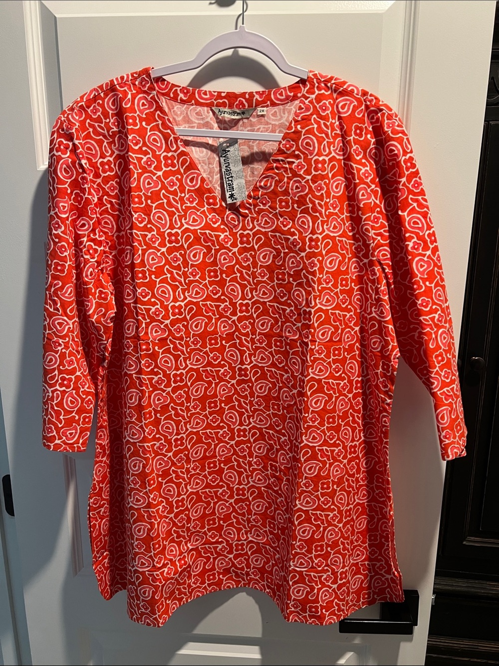 Orange and White Floral Print Cotton V-Neck Tunic
